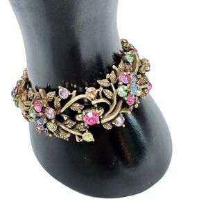 Vintage Set Signed CORO Bracelet 7" & Earrings Antique Gold Tone Rhinestones